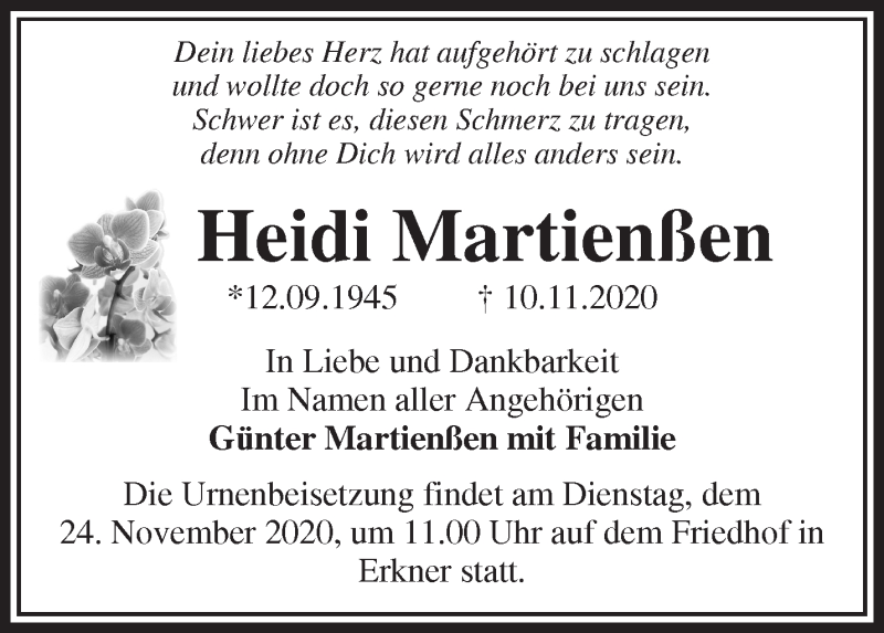  Traueranzeige für Heidi Martienßen vom 14.11.2020 aus Märkische Oderzeitung