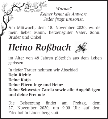 Traueranzeige von Heino Roßbach von Märkische Oderzeitung