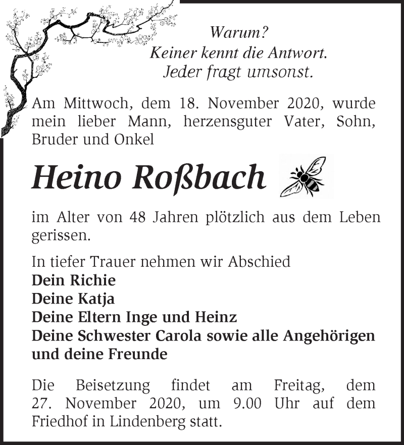  Traueranzeige für Heino Roßbach vom 24.11.2020 aus Märkische Oderzeitung