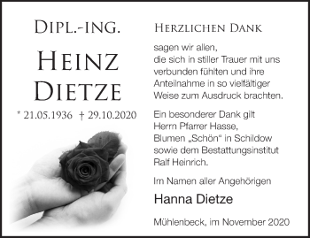 Traueranzeige von Heinz Dietze von Märkische Oderzeitung