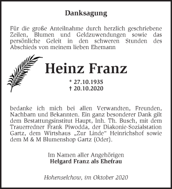 Traueranzeige von Heinz Franz von Märkische Oderzeitung