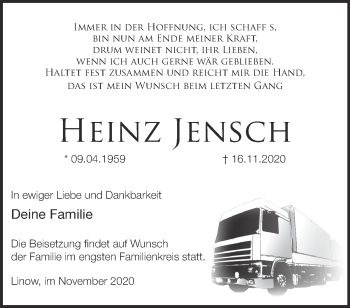 Traueranzeige von Heinz Jensch von Märkische Oderzeitung