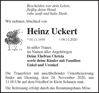 Traueranzeige von Heinz Uckert von Märkische Oderzeitung