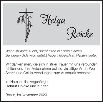 Traueranzeige von Helga Roicke von Märkische Oderzeitung