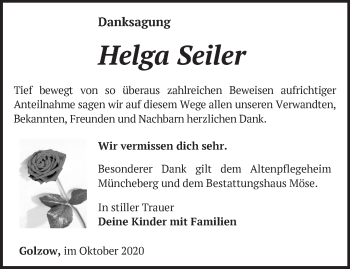 Traueranzeige von Helga Seiler von Märkische Oderzeitung