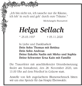 Traueranzeige von Helga Sellach von Märkische Oderzeitung