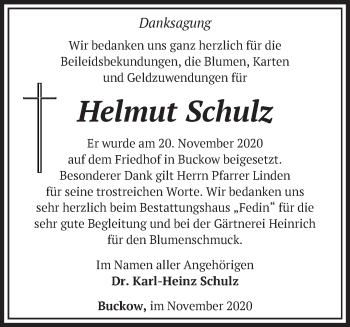 Traueranzeige von Helmut Schulz von Märkische Oderzeitung