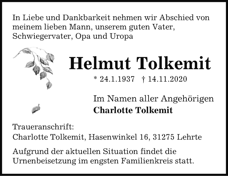  Traueranzeige für Helmut Tolkemit vom 22.11.2020 aus Märkische Oderzeitung