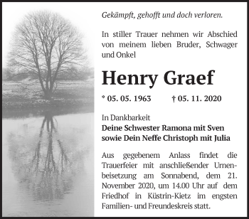 Traueranzeige von Henry Graef von Märkische Oderzeitung