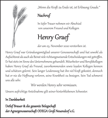 Traueranzeige von Henry Graef von Märkische Oderzeitung