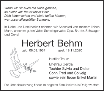 Traueranzeige von Herbert Behm von Märkische Oderzeitung