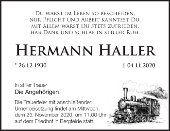 Traueranzeige von Hermann Haller von Märkische Oderzeitung