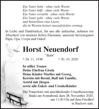 Traueranzeige von Horst Neuendorf von Märkische Oderzeitung