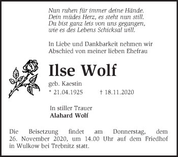 Traueranzeige von Ilse Wolf von Märkische Oderzeitung