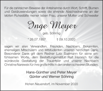 Traueranzeige von Inge Meyer von Märkische Oderzeitung