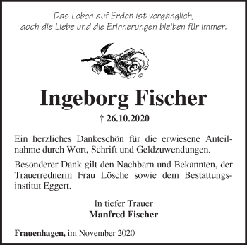 Traueranzeige von Ingeborg Fischer von Märkische Oderzeitung