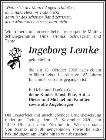 Traueranzeige von Ingeborg Lemke von Märkische Oderzeitung