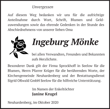 Traueranzeige von Ingeburg Mönke von Märkische Oderzeitung