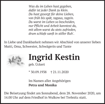 Traueranzeige von Ingrid Kestin von Märkische Oderzeitung