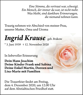 Traueranzeige von Ingrid Krause von Märkische Oderzeitung