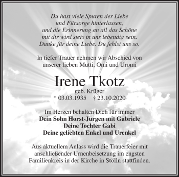 Traueranzeige von Irene Tkotz von Märkische Oderzeitung