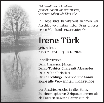 Traueranzeige von Irene Türk von Märkische Oderzeitung