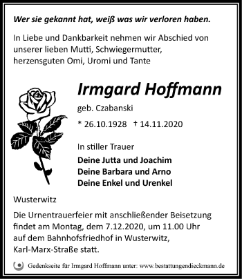 Traueranzeige von Irmgard Hoffmann von Märkische Oderzeitung