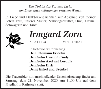 Traueranzeige von Irmgard Zorn von Märkische Oderzeitung