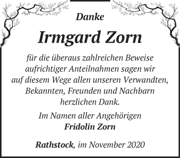 Traueranzeige von Irmgard Zorn von Märkische Oderzeitung