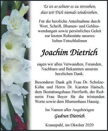 Traueranzeige von Joachim Dietrich von Märkische Oderzeitung