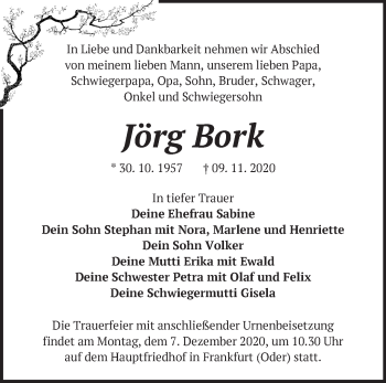 Traueranzeige von Jörg Bork von Märkische Oderzeitung