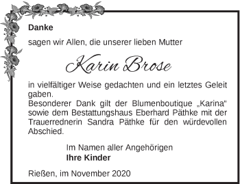 Traueranzeige von Karin Brose von Märkische Oderzeitung