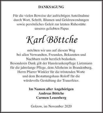 Traueranzeige von Karl Böttche von Märkische Oderzeitung