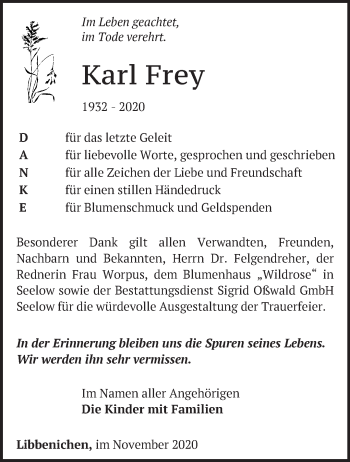 Traueranzeige von Karl Frey von Märkische Oderzeitung