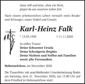 Traueranzeige von Karl-Heinz Falk von Märkische Oderzeitung