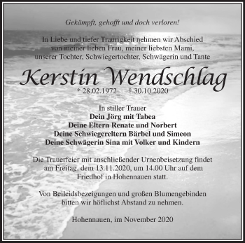 Traueranzeige von Kerstin Wendschlag von Märkische Oderzeitung