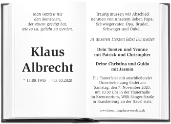 Traueranzeige von Klaus Albrecht von Märkische Oderzeitung