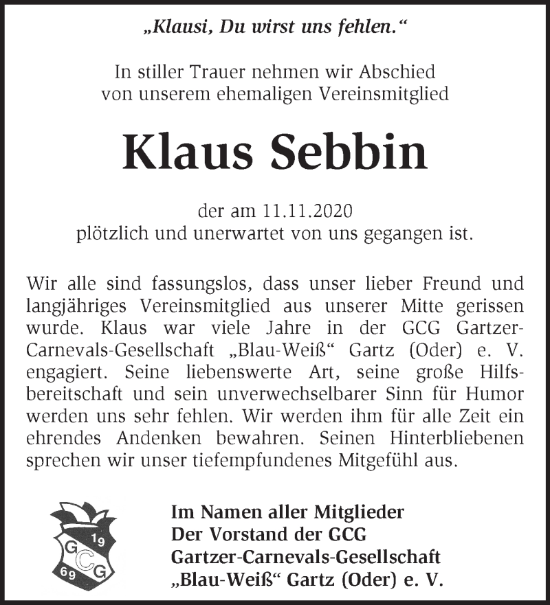  Traueranzeige für Klaus Sebbin vom 29.11.2020 aus Märkische Oderzeitung