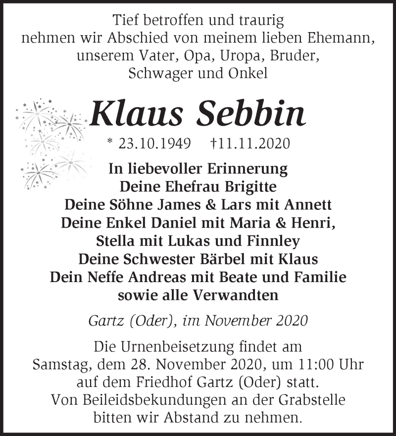  Traueranzeige für Klaus Sebbin vom 22.11.2020 aus Märkische Oderzeitung