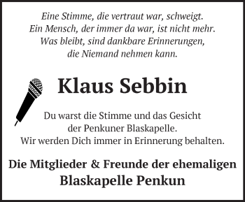 Traueranzeige von Klaus Sebbin von Märkische Oderzeitung