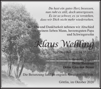 Traueranzeige von Klaus Wehling von Märkische Oderzeitung