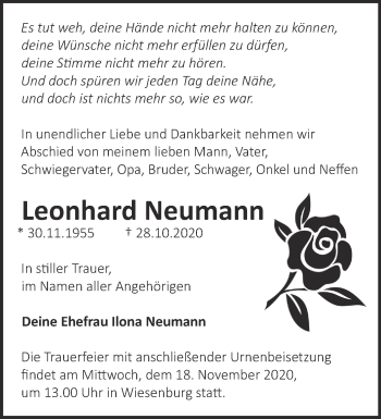 Traueranzeige von Leonhard Neumann von Märkische Oderzeitung