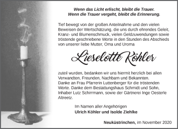 Traueranzeige von Liselotte Köhler von Märkische Oderzeitung