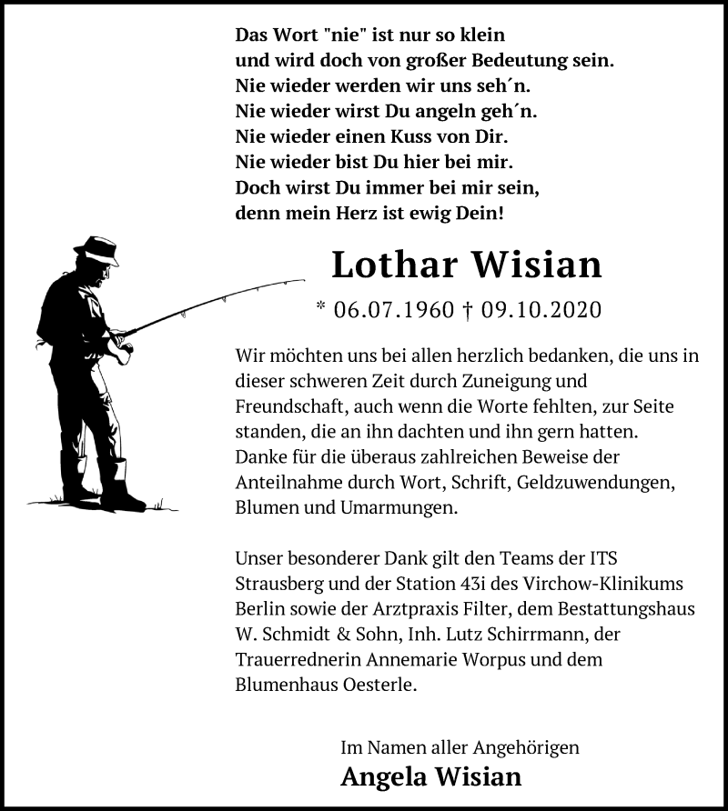  Traueranzeige für Lothar Wisian vom 07.11.2020 aus Märkische Oderzeitung