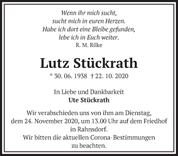 Traueranzeige von Lutz Stückrath von Märkische Oderzeitung