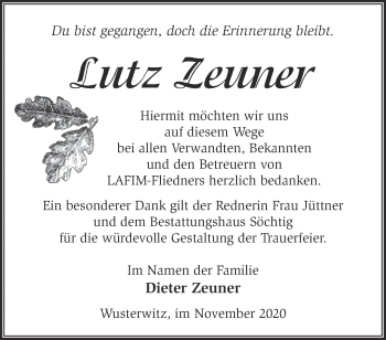 Traueranzeige von Lutz Zeuner von Märkische Oderzeitung