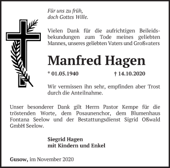 Traueranzeige von Manfred Hagen von Märkische Oderzeitung