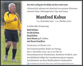 Traueranzeige von Manfred Kabus von Märkische Oderzeitung