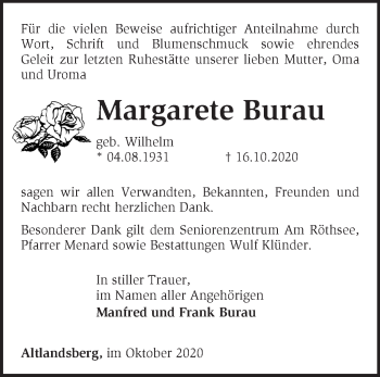 Traueranzeige von Margarete Burau von Märkische Oderzeitung