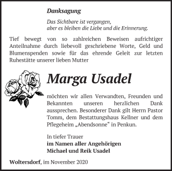 Traueranzeige von Marge Usadel von Märkische Oderzeitung